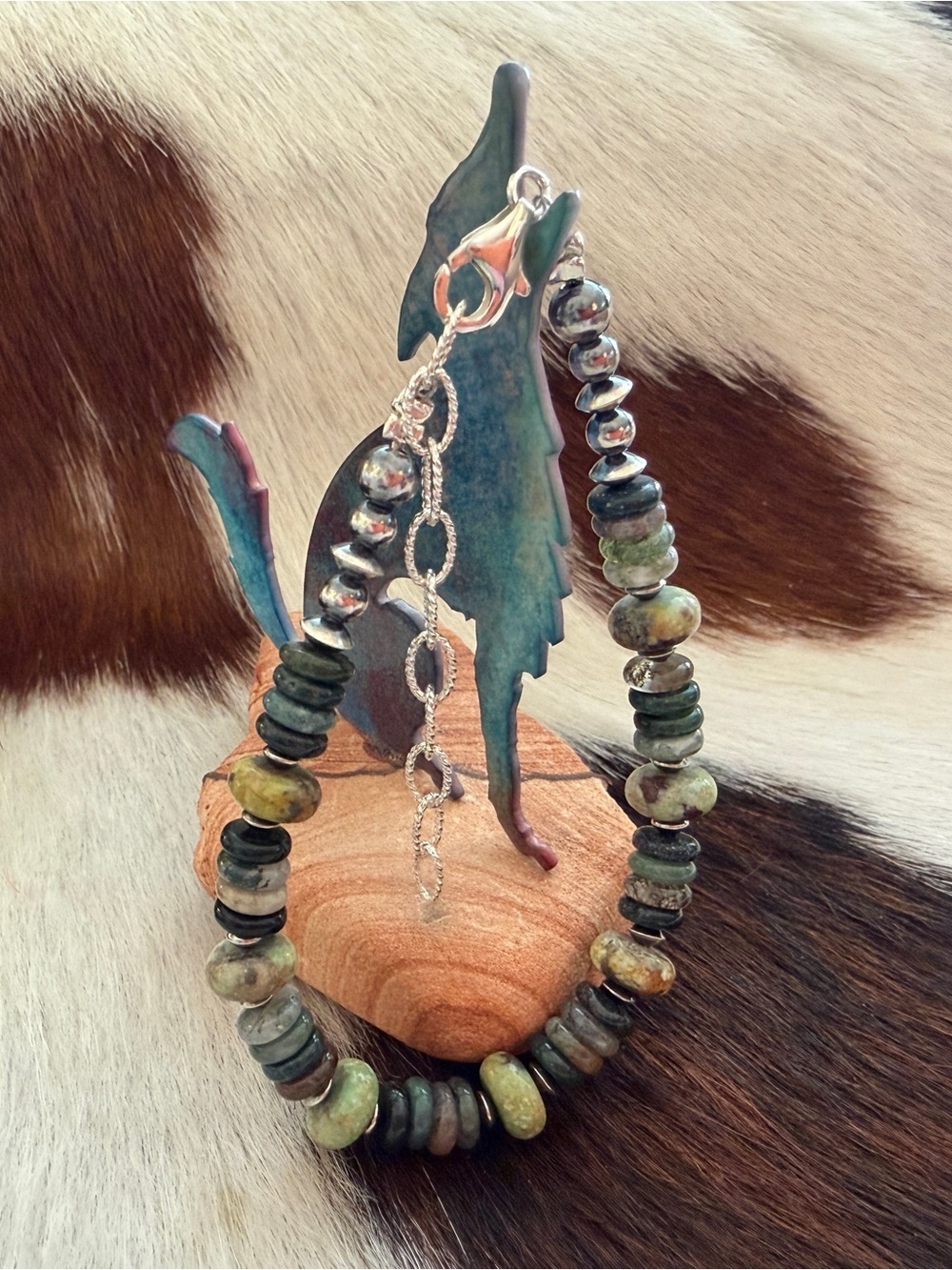 ❤️ 925 Desert Pearl Saucers Cerrillos Turquoise Green Moss Agate Bracelet Unisex